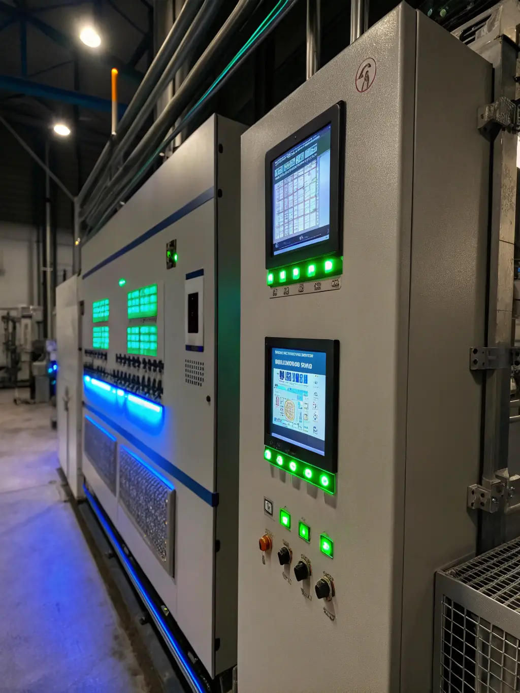 A control panel with digital interfaces for building automation, illustrating DKM Engineering's capabilities in automation systems.