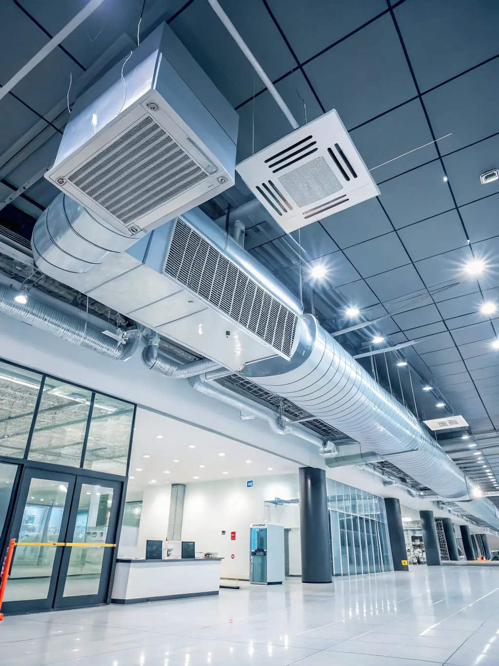 A modern HVAC system with exposed ductwork in a commercial building, showcasing DKM ENGINEERING's expertise in air conditioning and ventilation.