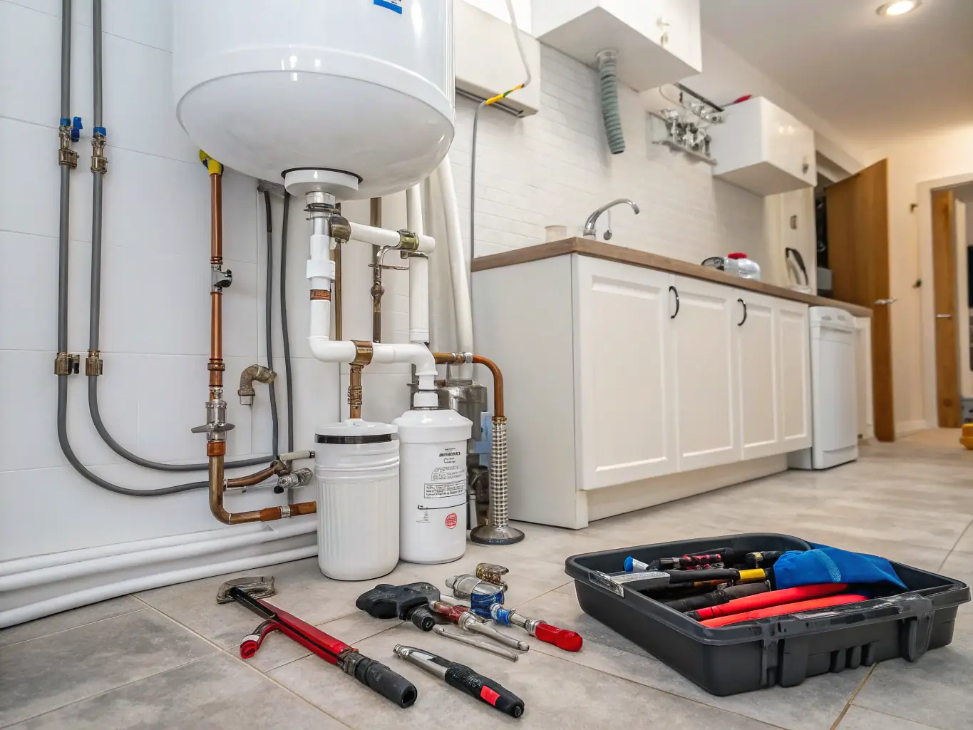 A detailed view of plumbing infrastructure in a residential building, highlighting the quality of materials and installation.