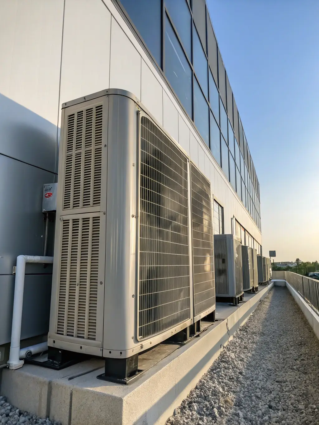 A modern commercial building with visible ductwork and HVAC units installed on the roof, showcasing DKM Engineering's expertise in HVAC systems.