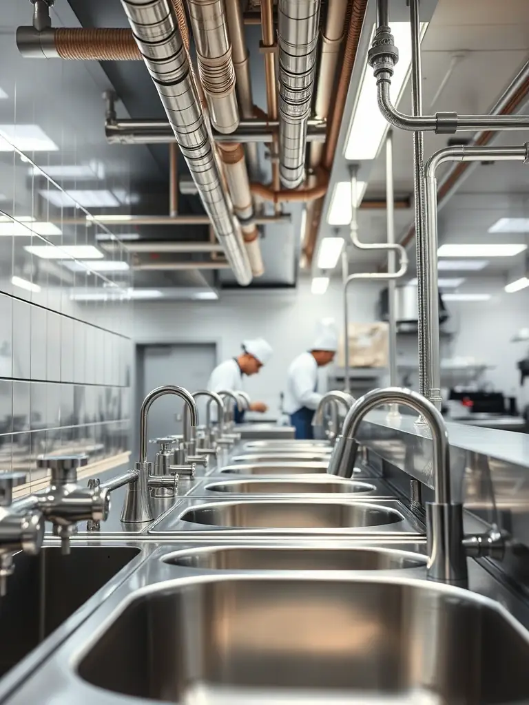A close-up of modern plumbing pipes and fixtures in a commercial building, highlighting DKM Engineering's proficiency in plumbing systems.