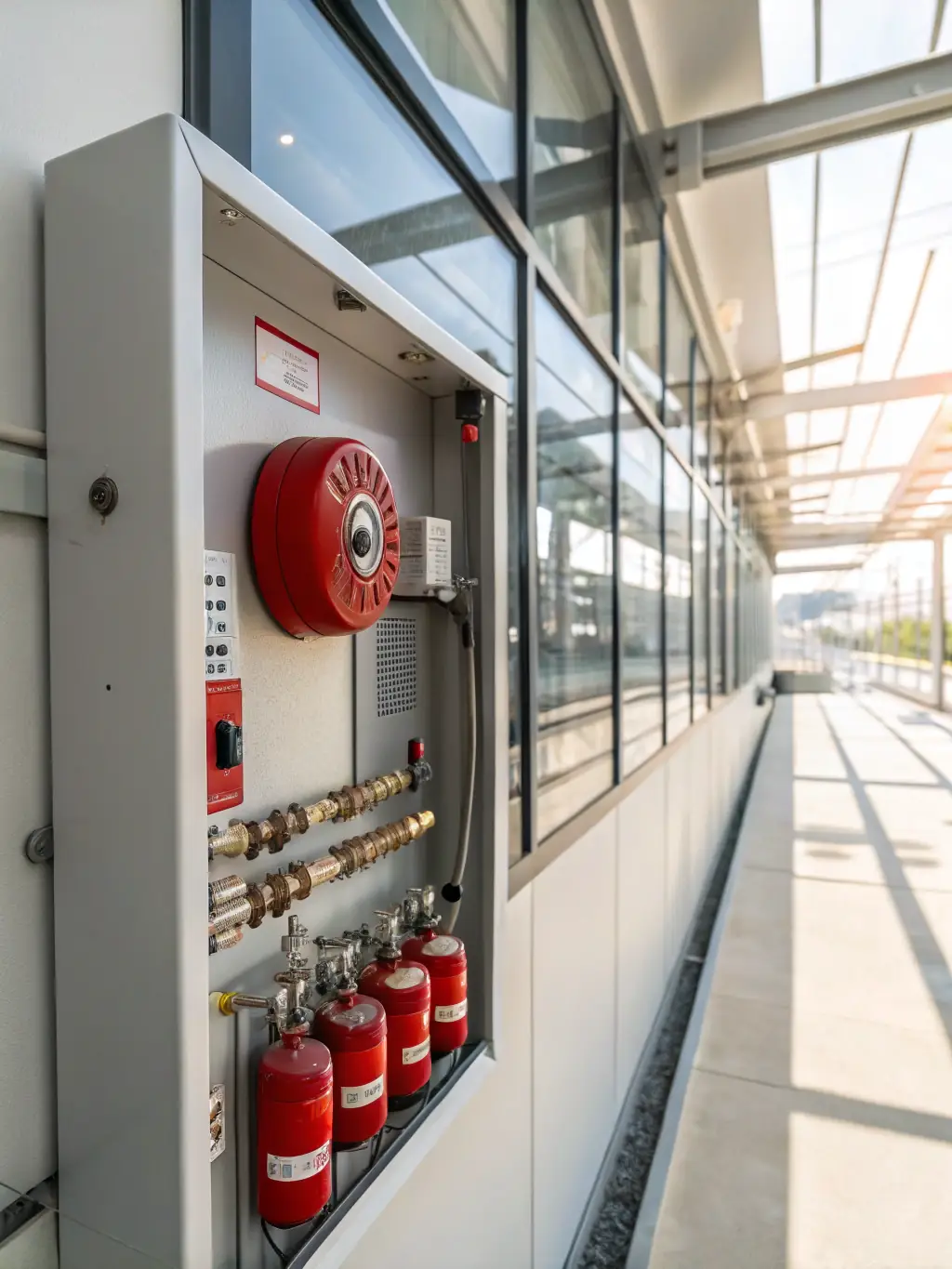 A state-of-the-art fire suppression system with sprinklers and alarms in a warehouse, highlighting DKM ENGINEERING's commitment to safety.