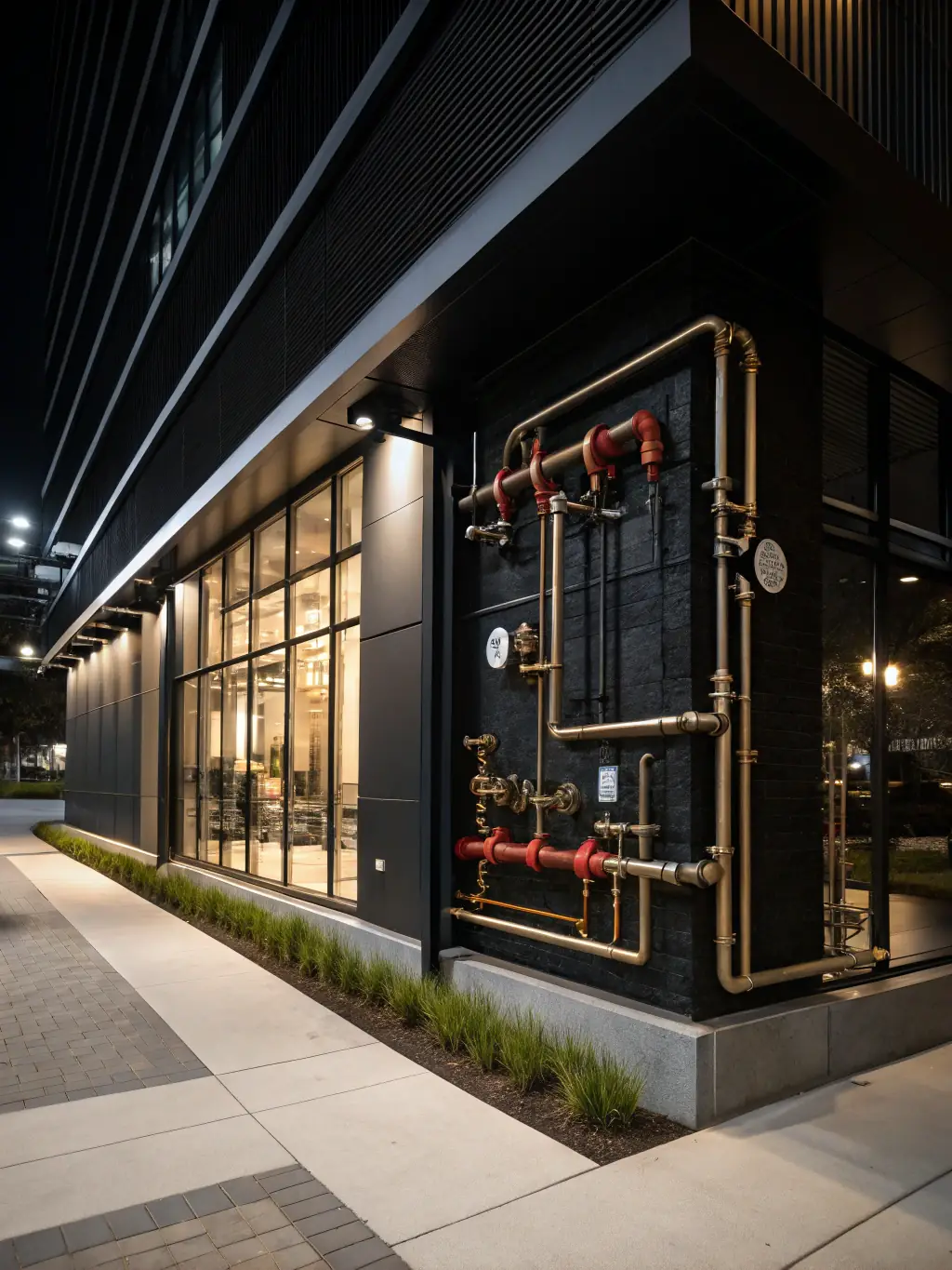 A detailed view of a complex plumbing system installation in a high-rise building, emphasizing DKM ENGINEERING's proficiency in water management.